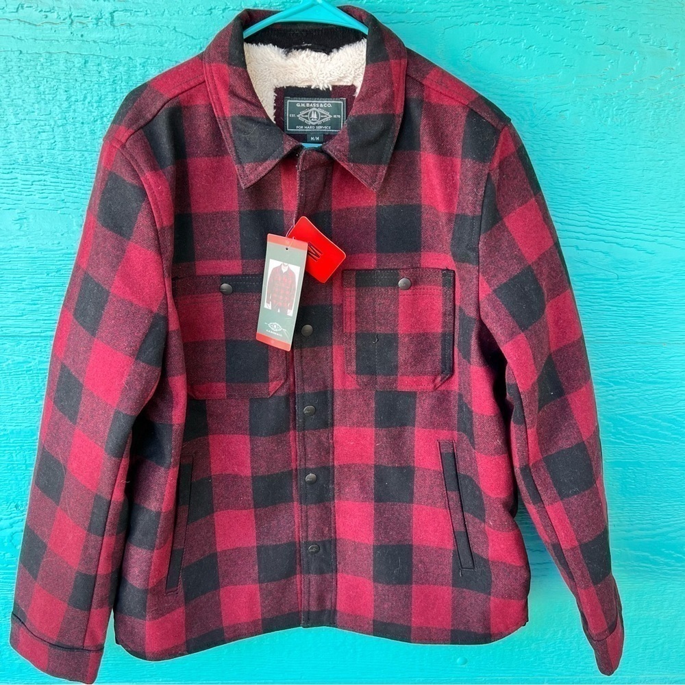 G.H. BASS WOOL BLEND SHERPA LINED SNAP ZIPPER BUFFALO RED BLACK CHECK JACKET M